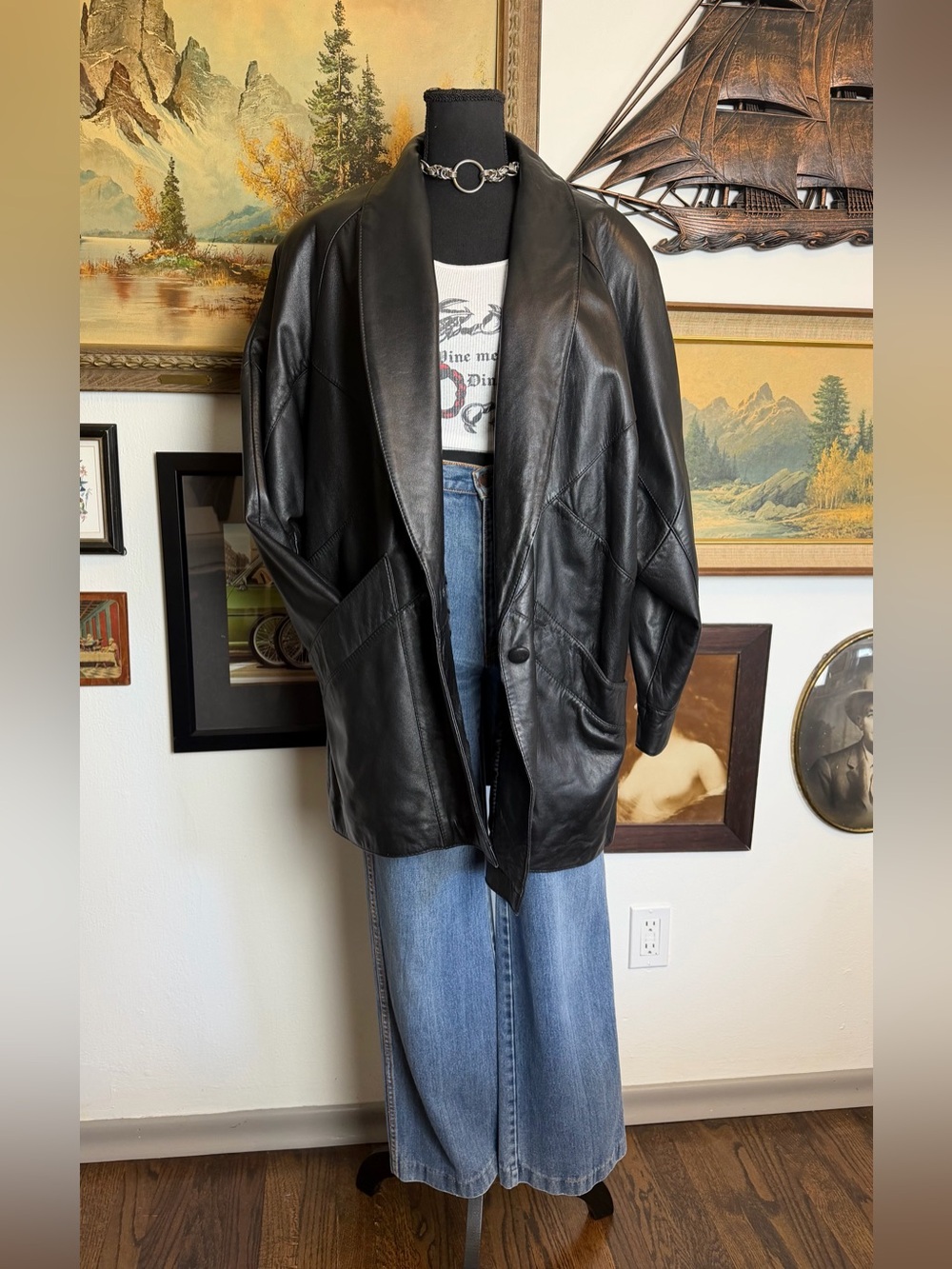 Vintage 1990s / Y2K Mid Length Black Leather Coat Women's Large
